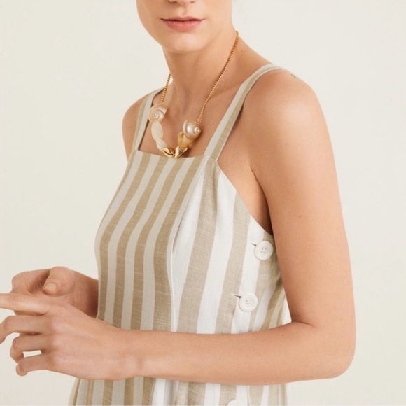 Mango A-Line Linen Dress Sz 2 Square Neck Midi Side Buttons Tan White Stripe New - Picture 3 of 8